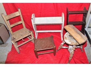 Vintage Assortment Of Small Furniture, Shelves,  & Woven Chair & Footstool & Ball & Claw Piano Seat
