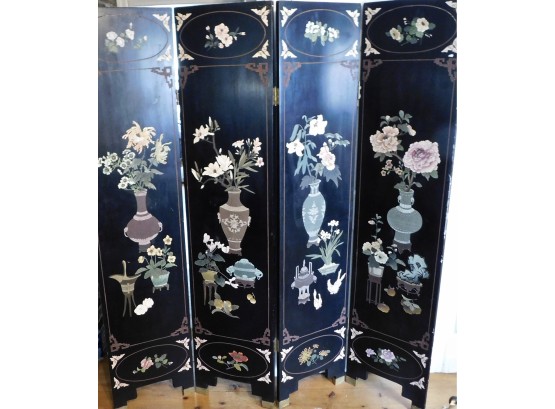 Vintage Chinese Asian Detailed Floral 4-Panel Screen Room Divider