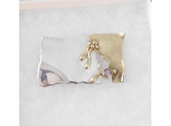 Abstract Sterling Silver Gold Vermeil Amethyst Pin Brooch