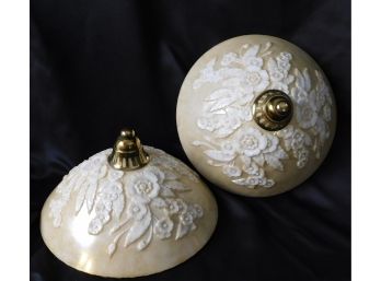 Pair Vintage Tan Ceiling Lamp Shades With Brass Hardware