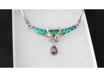 Sterling Silver Fire Opal, Amethyst, Cubic Zirconia Necklace