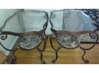 Two Metal End Tables With Glass Top