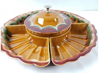 Vintage Mid Century Modern Drip Glazed Pottery Four Section Chip & Dip Set
