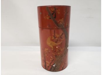 Antique Japanese Asian Cylinder Shaped Tea Tin W/Bird Of Paradise Hand Painted & MOP Decor
