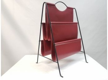 Very Handsome Vintage Mid Century Leather & Wrought Iron Tiered Magazine Holder