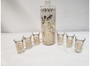 Vintage MCM 9' Gold Leaves & Frosted Glass Bar Shaker And Shot Glasses