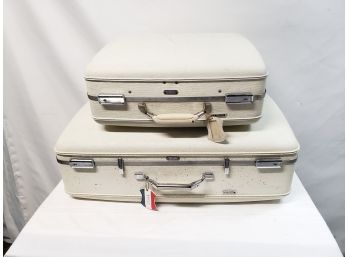 Two Mid Century Modern American Tourister Off White Hard Shell Luggage Suitcases