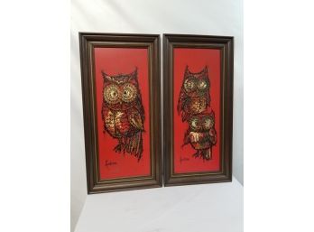 Cute Pair Of MCM Whimsical Colorful Framed Owl Prints By Andrea Wall Decor
