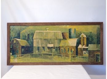 MCM Vintage Framed 'Vermont Barn' Cubism Americana Wall Art By Ethel Margolies 20' X 48'