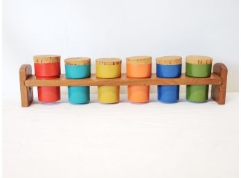 Awesome Vintage MCM Otagiri OMC Contempo Teak -  Teak & Metal Colorful Spice Jar Set