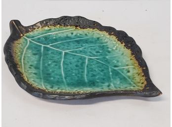Vintage Mid Century MCI Japan Small Flamed Edge  Green Leaf Ashtray Drip Pottery