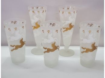 Awesome Mid Century Libbey Frosted Horses Glassware Pilsners & Tumblers