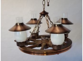 Pristine New Old Stock Vintage Wood & Copper Wagon Wheel Hanging Light