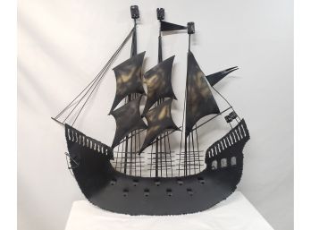 MId Century Modern Brutalist 'The Black Pearl' Pirate Ship Metal Brass Wall Art Sculpture