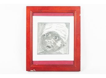 Framed Pencil Drawing Child Signed Anne