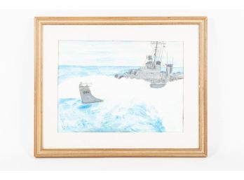 Signed DCR 2006 Framed Painting On Canvas Navy Ship Ocean