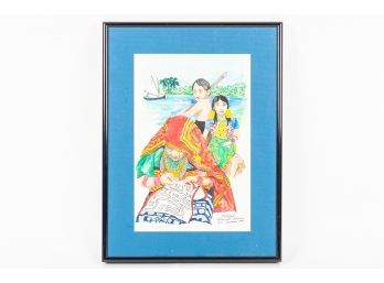Contemporary 1994 Artist Olonigdi Signed Colorful Panama Woman Painting