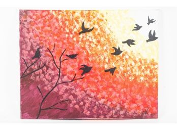 Artist  Signed 'AR' Oil Silhouette Tree Birds On Canvas