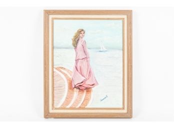 Framed Oil Painting Signed Artist Florence B Girl By Ocean