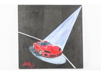 Contemporary Signed Jody O Oil Wash Painting Spotlight Car