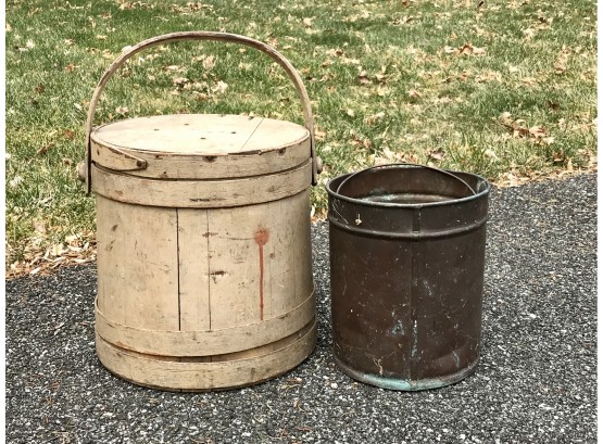 Antique Firkin Bucket And Copper Pot