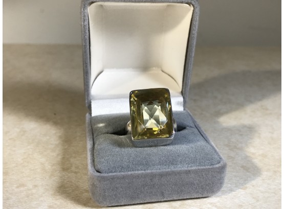 (J1) HUGE 'Cushion Cut' Yellow Topaz Ring In STERLING SILVER - Looks Like A FORTUNE !