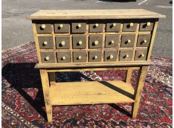 Great Vintage 21 Drawer Apothecary On Legs - Great Worn Mustard / Green Paint