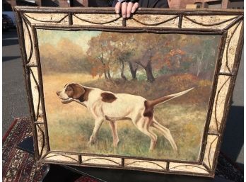 Incredible Antique Painting Of Pointer Dog In AMAZING Birch Bark 'Adirondack' Frame