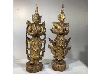 Two Antique Carved Figures From India - Original Gold Gilt Finish - BEAUTIFUL ANTIQUE PIECES