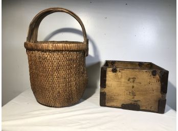 Two Authentic Antique Chinese Pieces -Square Box & Rattan Basket GREAT PIECES !