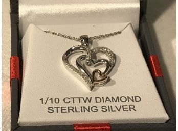 (J39) -1/10 CTTW Diamond & Sterling Silver Necklace (Paid $124) In Original Gift Box