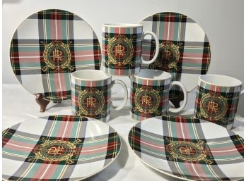 Eight (8) Pieces RALPH LAUREN 'Kilgour Tartan' Plate & Mug Set - GREAT SET !