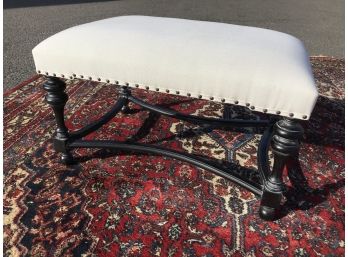 Very Nice Footstool / Ottoman  - Black Wooden Base W/White Muslin Upholstery