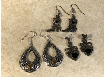 (J23) Three Pairs Of STERLING SILVER Earrings Two W/Onyx Earrings One W/Citrine