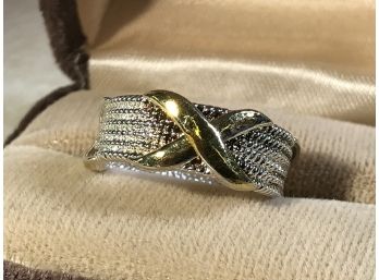 (J32) Sterling Silver 'Cable' X-Form Ring W/Gold 'X' - Great Designer Look