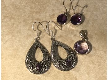 (J33 Three Sterling Silver & Amethyst Jewelry Lots / Two Pairs Of Earrings & One Pendant