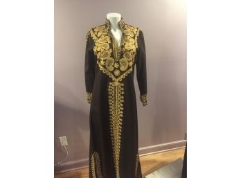 Brown Embroidered Kaftan With Gold Threads From Morocco