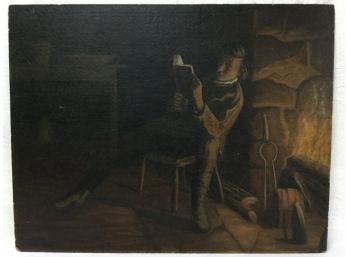 An Original Oil Painting On Board, Of About Reading By The Fire Artist Unknown