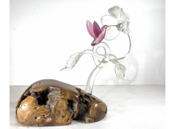Glass Hummingbird And Burlwood Sculpture - Lux Bond Green & Stevens
