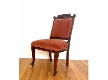 Antique - Velour Upholstered & Mahogany Chair With Front Leg Brass Casters