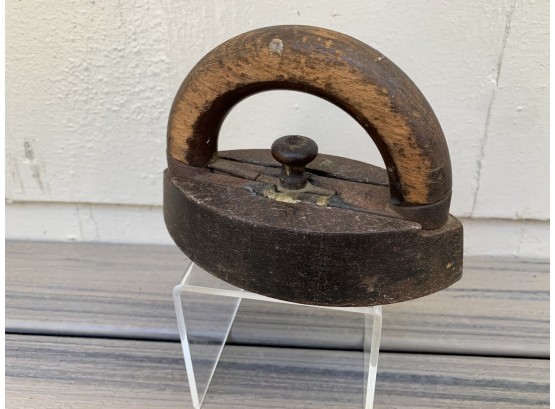 Antique Hand Iron With Wooden Handle