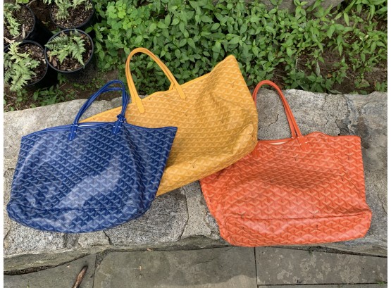 Three Imitation Goyard (Paris) Tote Bags In Orange, Yellow & Blue