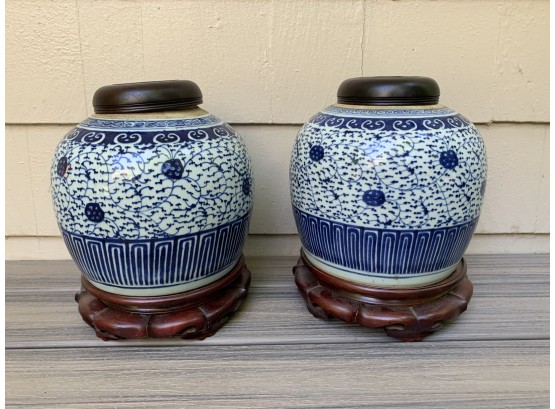 Pair Of Large Blue & White Ginger Jars With Teak Stands & Lids