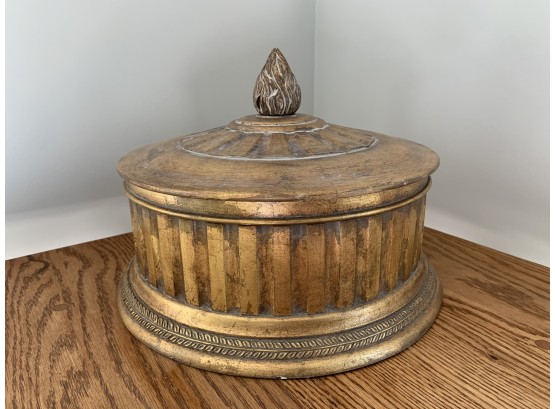 Carved Wooden Round Box With Flame Form Handle