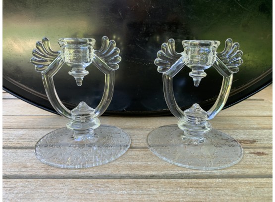 Vintage Pressed Glass Wing Form Candleholders With Etched Base