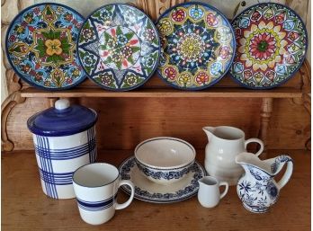 Mixed Lot Of Brand Name Ceramic Pitchers Bowls Containers, Plus 4 Colorful Linoleum Plates