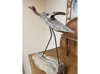 Beautiful Tall Egret,  Hand Carved On Driftwood Stand