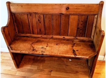 American Antique Circa 1890 Pew, Slat-back, Plank Seat, And On Solid Sides