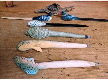 Folk Art Collection Of Antique Animal Pens And Letter Openers Plus Decorative Wooden Art