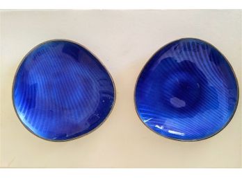 Two A. Michelsen Made In Denmark Sterling Enamel Dish Mid Century Modern - Cobalt Blue